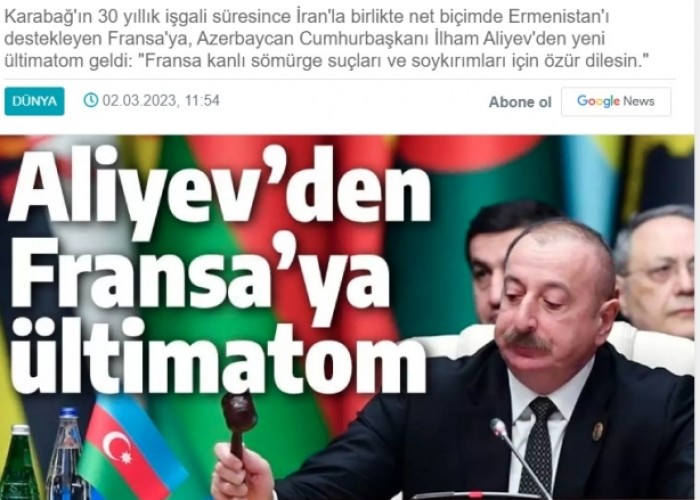 İlham Əliyevin Fransa ilə bağlı çıxışı Türkiyə KİV-lərində