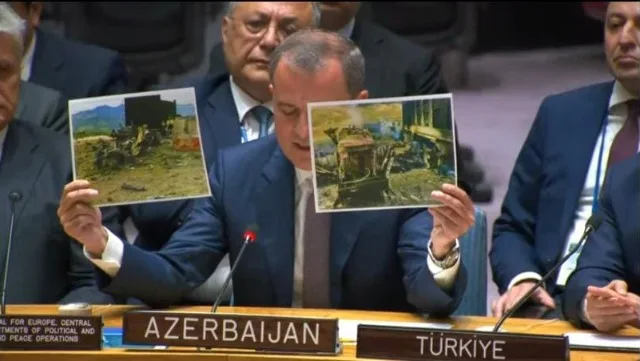 Ceyhun Bayramov dinc sakinlərin hədəf alınmadığını BMT-də fotolarla sübut etdi