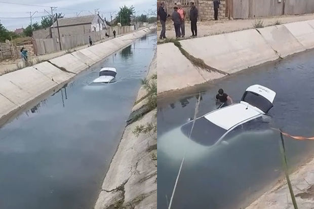 Saray qəsəbəsində avtomobil su kanalına düşüb