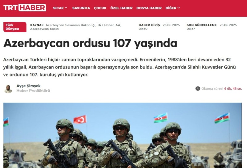 “TRT Haber” Azərbaycan Ordusuna həsr olunan reportaj yayımlayıb