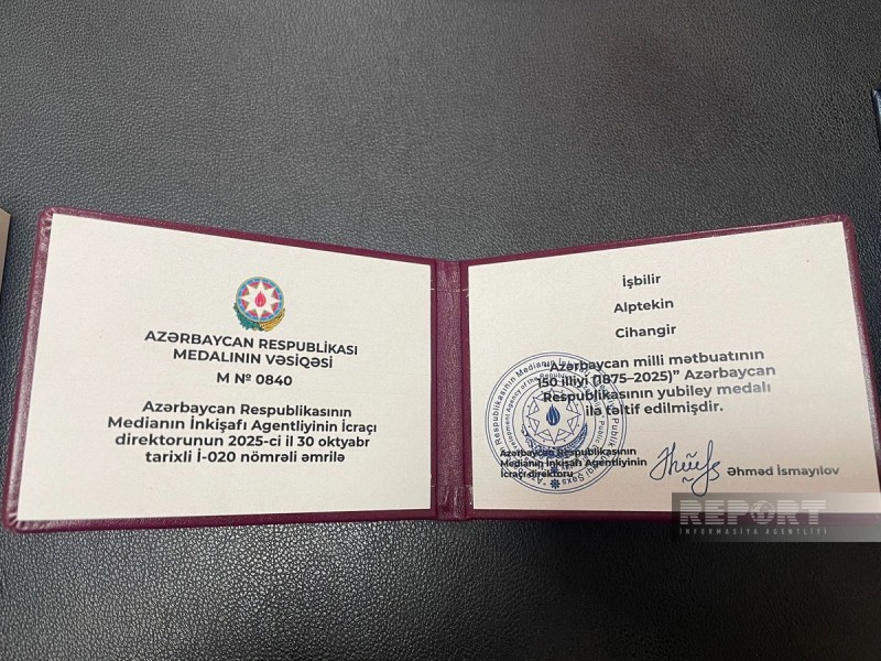 Cihangir İşbilir “Azərbaycan milli mətbuatının 150 illiyi” medalı ilə təltif edilib – FOTO