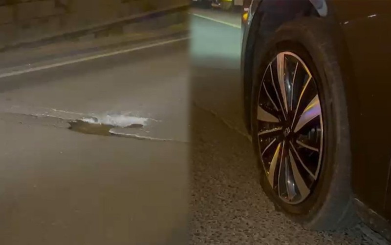 Prospektdəki bu çuxura düşən maşınların təkəri partlayır - VİDEO