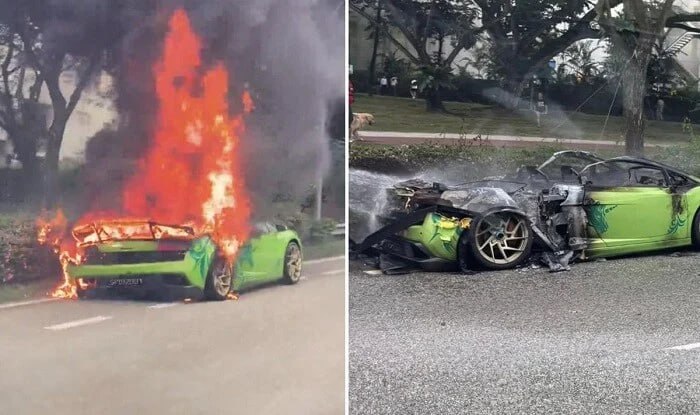 Milyonluq Lamborgini yolda yanıb kül oldu – Foto