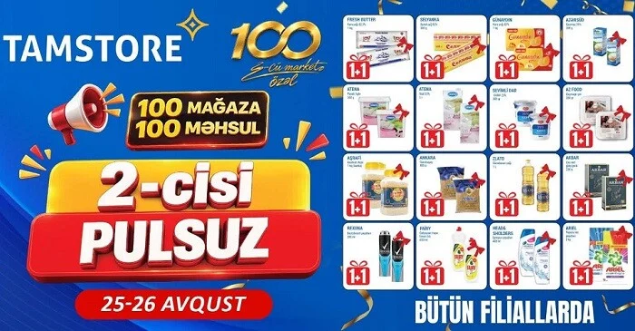 100-cü mağazaya özəl: 100 məhsulda 2-si pulsuz!