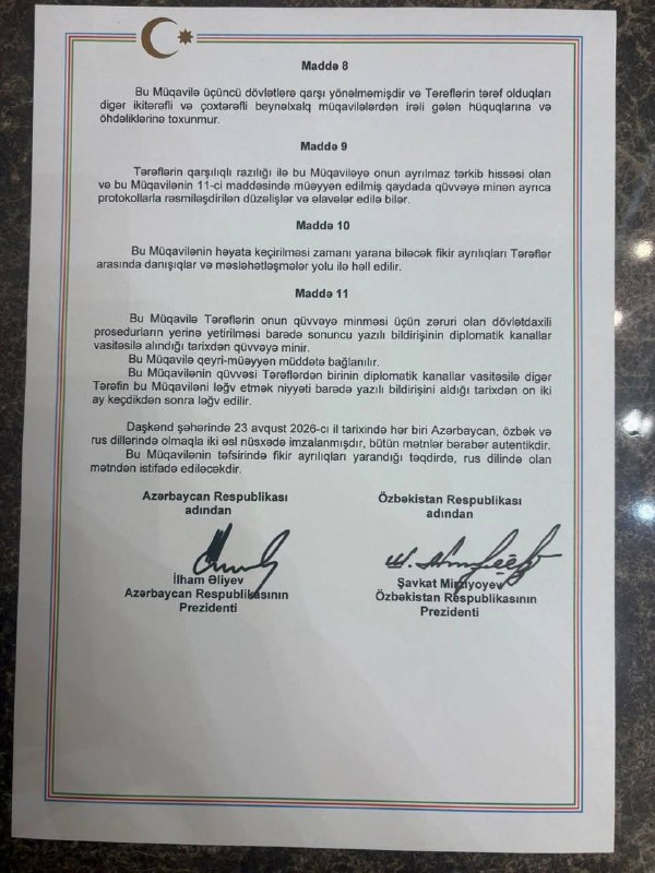 Azərbaycanla Özbəkistan arasında əbədi dostluq haqqında Müqavilə imzalandı – FOTOLAR