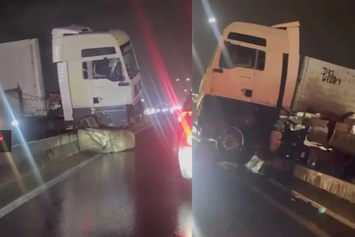 Yük avtomobili Bakı-Sumqayıt yolunda arakəsməyə çırpıldı - VİDEO