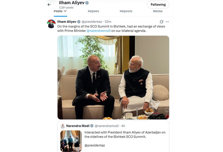 Prezidentin sosial şəbəkə hesabında Modi ilə görüşünə dair paylaşım edildi - FOTO